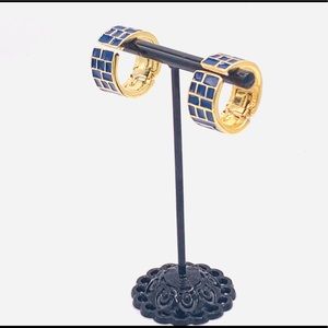 Chunky vintage clip on hoop earrings navy enamel